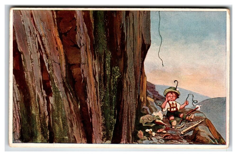 Vintage Ticks Postkarte Boy Hiker Mountain Mishap 1919 Dutch Postcard H.S.B